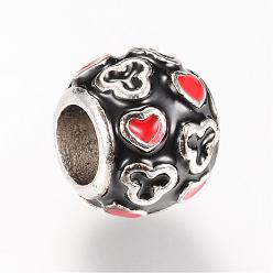 Black Alloy Enamel European Beads, Rondelle, Large Hole Beads, Silver Color Plated, Black, 10.5x9mm, Hole: 5mm