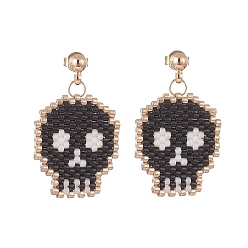 Black Handmade Japanese Seed Braided Skull Dangle Stud Earrings, Golden Brass Jewelry for Women, Black, 31mm, Pin: 0.8mm