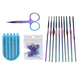 Rainbow Color Ensembles d'outils de bricolage à tricoter, y compris des crochets en acier inoxydable, épingles de sûreté, aiguilles, ciseaux, sac de rangement, couleur arc en ciel, 10.5x19 cm