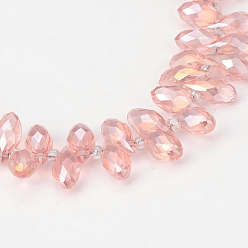 Pink Electroplate Glass Beads Strands, Top Drilled Beads, Faceted Teardrop, AB Color Plated, Pink, 12~13x6mm, Hole: 1mm, about 95~99pcs/strand, 15.7~18 inch