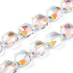 Hexagon Faceted Glass Beads Strands, Clear, Hexagon, 15x14x8mm, Hole: 1.2mm, about 50pcs/strand, 29.29 inch~29.53 inch(74.4~75cm)
