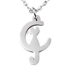Stainless Steel Color 201 Stainless Steel Kitten Pendant Necklaces, with Cable Chains and Lobster Claw Clasps, Crescent Moon with Cat, Stainless Steel Color, 15.74 inch(40cm), 1.5mm