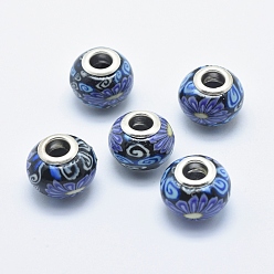 Bleu Moyen  Perles européennes en pate polymère manuelles, avec noyaux en laiton plaqué couleur argent, Perles avec un grand trou   , rondelle avec motif de fleurs, bleu moyen, 13~16x8~11mm, Trou: 4.5~5mm