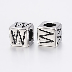 Antique Silver 304 Stainless Steel Large Hole Letter European Beads, Cube with Letter.W, Antique Silver, 8x8x8mm, Hole: 5mm