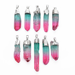 Rose Chaud Pendentifs à facettes en cristal quartz naturel, avec les accessoires en fer, platinée, nuggets, teint, rose chaud, 30~45x9~14x6~10mm, Trou: 6x3.5mm