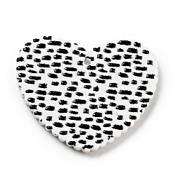 Black Printed Acrylic Pendants, Heart with Spot Pattern, Black, 26x31.5x2mm, Hole: 1.5mm
