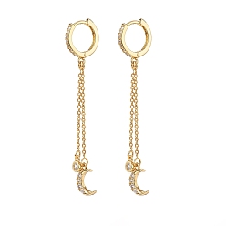 Golden Clear Cubic Zirconia Moon Dangle Hoop Earrings, Brass Long Chain Tassel Drop Earrings for Women, Golden, 62mm, Pin: 1mm