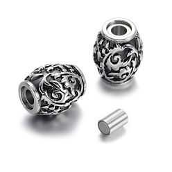 Antique Silver 304 Stainless Steel Magnetic Clasps with Glue-in Ends, Retro Carved, Barrel, Antique Silver, 13x11mm, Hole: 3mm