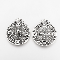 Antique Silver Tibetan Style Alloy Pendants, Flat Round, Cadmium Free & Lead Free, CssmlNdsmd Cross God Father Religious Christianity Pendant, Antique Silver, 45x40x3mm, Hole: 3mm, about 70pcs/1000g