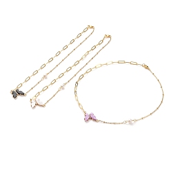 Mixed Color Brass Micro Pave Cubic Zirconia Butterfly Pendant Necklaces, with Resin, Natural Pearl Beads, Brass Paperclip Chains, 304 Stainless Steel Cable Chains and Lobster Claw Clasps, Golden, Mixed Color, 17-1/8 inch(43.5cm)