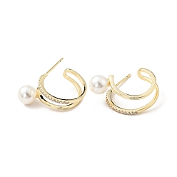 Real 18K Gold Plated Clear Cubic Zirconia C-shape Stud Earrings with Acrylic Pearl, Brass Half Hoop Earrings for Women, Cadmium Free & Nickel Free & Lead Free, Real 18K Gold Plated, 16.5x22x11mm, Pin: 0.7mm