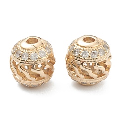 Real 14K Gold Plated Brass Micro Pave Clear Cubic Zirconia Beads, Hollow Barrel, Real 14K Gold Plated, 9x9mm, Hole: 1.2mm