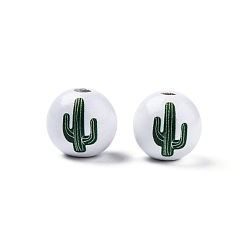 Cactus Perles en bois imprimées sur le thème de l'été, ronde, vert foncé, motif de cactus, 15.5~16x15mm, Trou: 3.5mm