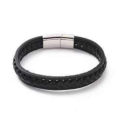 Stainless Steel Color Black Leather Braided Cord Bracelet with 304 Stainless Steel Magnetic Clasps, Flat Punk Wristband for Men Women, Stainless Steel Color, 8-1/2 inch(21.7cm)