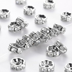Platinum Middle East Rhinestone Spacer Beads, Clear, Brass, Platinum Metal Color, Nickel Free, Size: about 8mm in diameter, 3.8mm thick, hole: 1.5mm