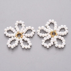 White Glass Seed Beads Pendants, with Golden Tone Brass Findings, Flower, White, 19x18~19x2mm