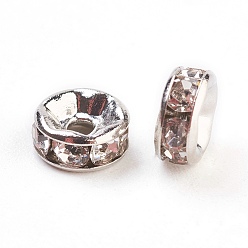 Crystal Brass Rhinestone Spacer Beads, Grade A, Straight Flange, Platinum Metal Color, Rondelle, Crystal, 8x3.8mm, Hole: 1.5mm