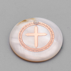 Color de la concha Pendientes de concha de agua dulce, con fornituras de hierro, plano y redondo con la cruz, oro rosa, color de concha, 18x3~4 mm, agujero: 1 mm