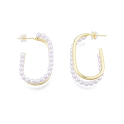 Real 18K Gold Plated ABS Plastic Imitation Pearl Oval Stud Earrings, Brass Half Hoop Earrings for Women, Real 18K Gold Plated, 35x20.5x7mm, Pin: 0.8mm