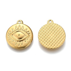 Golden Vacuum Plating 304 Stainless Steel Pendants, Flat Round with Evil Eye, Golden, 19.5x17x2.5mm, Hole: 1.4mm