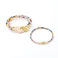 Mixed Color Glass Beads Stretch Bracelets, with Natural Pearl Beads & Polymer Clay Beads, Smile, Mixed Color, Inner Diameter: 2-1/8 inch(5.5cm)