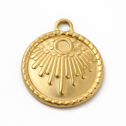 Oro 304 colgantes de acero inoxidable, redondo plano con amuletos de sol, dorado, 21.5x18.5x2 mm, agujero: 2.6 mm