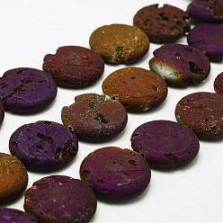 Plateado Púrpura Hebras de cuentas de cristal de geoda druzy electrochapadas, plano y redondo, teñido, púrpura chapado, 30x7~8 mm, agujero: 2 mm, sobre 7 unidades / cadena, 8.26 pulgada (21 cm)