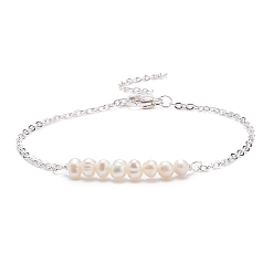 Argent Bracelet à maillons en perles de nacre naturelle avec 304 chaînes forçat en acier inoxydable pour femme, argenterie, 7.52~7.68 pouce (19.1~19.5 cm)