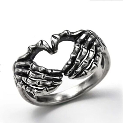 Antique Silver Alloy Heart Hands Finger Ring for Women, Antique Silver, US Size 6(16.5mm)