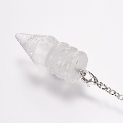 Cristal de Quartz Pendules de radiesthésie pointus en cristal de quartz naturel, avec des chaînes en laiton croisées, balle, platine, 36x14mm, Trou: 2mm, environ : pouce (8 cm)
