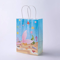 Light Sky Blue kraft Paper Bags, with Handles, Gift Bags, Shopping Bags, Ocean Theme, Rectangle, Light Sky Blue, 21x15x8cm