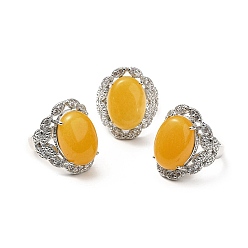 Yellow Jade Natural Yellow Jade Adjustable Rings, Platinum Tone Oval Brass Rings for Women, Cadmium Free & Lead Free, US Size 7 3/4(17.9mm), 3.5~5mm