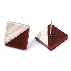Coconut Marrón Aretes de resina opaca y madera, con 304 perno de acero inoxidable, rombo, coco marrón, 17x18 mm, pin: 0.7 mm