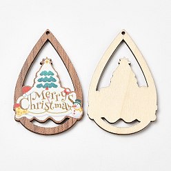 Coloré Grands pendentifs en bois imprimés de noël à face unique, Breloques en forme de larme avec arbre de Noël, colorées, 54x34.5x2.5mm, Trou: 1.8mm