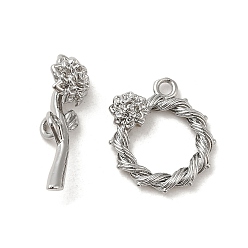 Real Platinum Plated Brass Toggle Clasp, Flower, Real Platinum Plated, Ring: 17.5x16.5x4mm, Hole: 1.6mm; Bar: 22x8x8mm, hole: 1.8mm