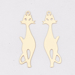 Light Gold Brass Kitten Pendants, Etched Metal Embellishments, Long-Lasting Plated, Cat Silhouette Shape, Light Gold, 35.5x9x0.3mm, Hole: 1.5mm