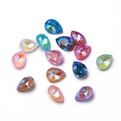 Mixed Color Glass Rhinestone Cabochons, Mocha Fluorescent Style,  Pointed Back, Faceted, Teardrop, Mixed Color, 14x10x6mm