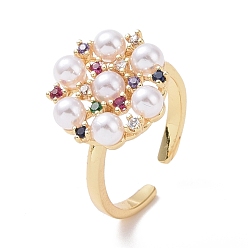 Real 18K Gold Plated Colorful Cubic Zirconia Flower Open Ring with Acrylic Pearl Beaded, Brass Jewelry for Women, Cadmium Free & Lead Free, Real 18K Gold Plated, US Size 6 1/2(16.9mm), 2mm