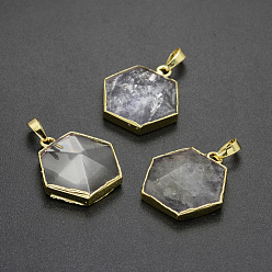 Quartz Crystal Natural Quartz Crystal Pendants, Rock Crystal Pendants, with Golden Plated Brass Findings, Hexagon, 28~30x28~30x10~11.5mm, Hole: 8x5mm