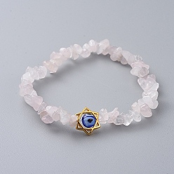 Quartz Rose Puces bracelets extensibles en quartz rose naturel, avec perles au chalumeau et cadre de perles en alliage, pour juif, étoile de david, 2-3/8 pouce (6.2 cm)