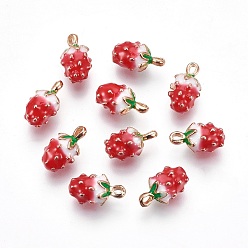 Red Golden Plated Alloy Enamel Charms, Strawberry, Red, 13x7mm, Hole: 1.5mm