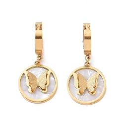 Golden Synthetic White Shell Butterfly Dangle Hoop Earrings, Ion Plating(IP) 304 Stainless Steel Jewelry for Women, Golden, 34mm, Pin: 1mm
