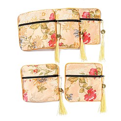 PeachPuff Chinese Style Floral Cloth Jewelry Storage Zipper Pouches, Square Jewelry Gift Case with Tassel, for Bracelets, Earrings, Rings, Random Pattern, PeachPuff, 115x115x7mm