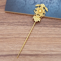 Golden Alloy Hair Stick Findings, with Iron Pins, Flower, Golden, Tray: 10mm, 159mm