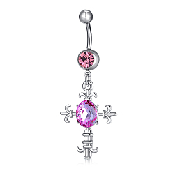 Platinum Piercing Jewelry, Brass Cubic Zirconia Navel Ring, Belly Rings, with 304 Stainless Steel Bar, Lead Free & Cadmium Free, Cross, Fuchsia, Platinum, 55x22mm, Bar Length: 3/8"(10mm), Bar: 14 Gauge(1.6mm)
