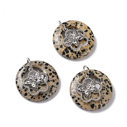 Dalmatian Jasper Natural Dalmatian Jasper Pendants, Flat Round Charms, with Platinum Tone Brass Flower with Butterfly Findings, Cadmium Free & Nickel Free & Lead Free, 30~35x28~32x10~10.5mm, Hole: 2mm
