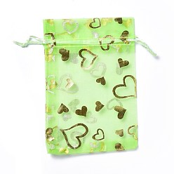 Pale Green Organza Drawstring Jewelry Pouches, Wedding Party Gift Bags, Rectangle with Gold Stamping Heart Pattern, Pale Green, 15x10x0.11cm