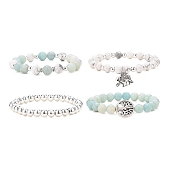 Mixed Color 4Pcs 4 Style Natural Amazonite & Howlite Beaded Stretch Bracelets Set, Alloy Tree & Elephant Charms Stackable Bracelets for Women, Mixed Color, Inner Diameter: 2-1/8~2-1/4 inch(5.35~5.8cm), 1Pc/style