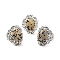 Dalmatian Jasper Natural Dalmatian Jasper Adjustable Rings, Platinum Tone Oval Brass Rings for Women, Cadmium Free & Lead Free, US Size 7 3/4(17.9mm), 3.5~5mm