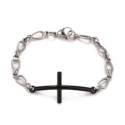 Stainless Steel Color 304 Stainless Steel Cross Link Bracelet with Teardrop chains for Men Women, Electrophoresis Black & Stainless Steel Color, 8-3/4 inch(22.2cm)